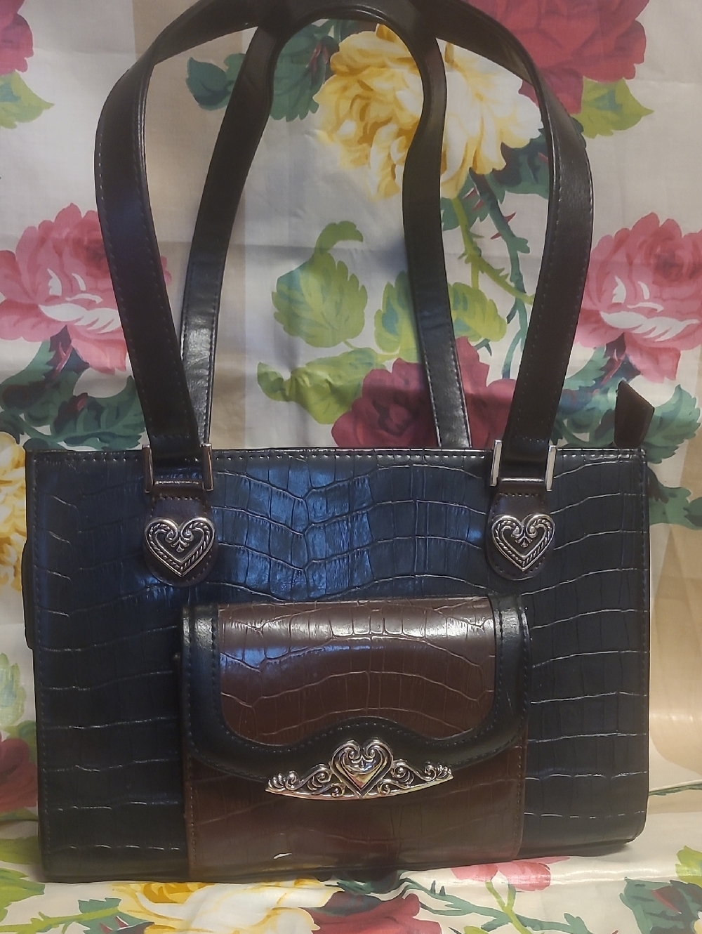 Two-Tone Black and Brown Croc-Embossed Shoulder Bag with Silver Heart Accents